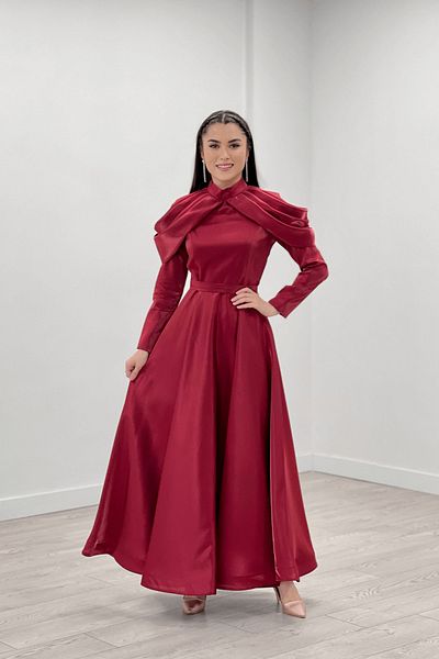 giyimmasalı Taffeta Satin Fabric Shoulder Detailed Evening Dress - Red
