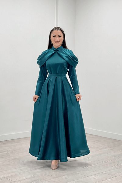 giyimmasalı Turquoise Taffeta Satin Evening Dress - Shoulder Detailed Dress