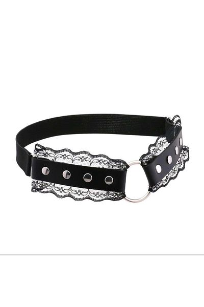 Köstebek Gothic Lace Detailed Black Leather Choker Necklace with Leash Ring