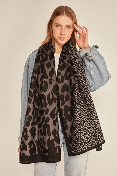 Axesoire 13955 Patchwork Leopar Desenli Siyah Şal