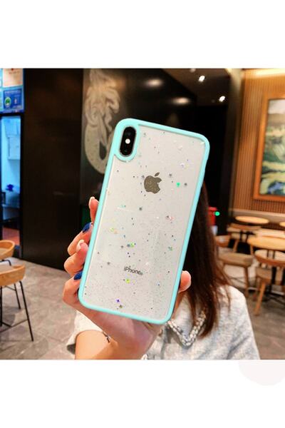 Molly Iphone Xs Max Uyumlu Kenarları Su Yeşili Renkli Simli Şeffaf Silikon Pc...