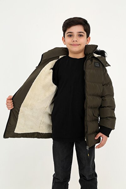 REGOS Erkek Haki Çıkartılabilir Kapüşonlu Içi Kürklü Su Ve Rüzgar Geçirmez Çoçuk Mont Ve Kaban