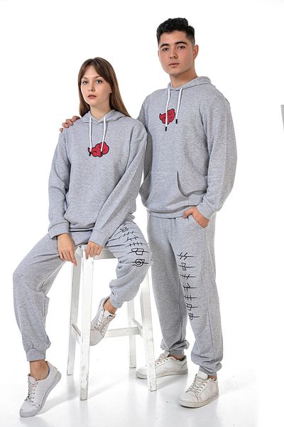 VISHENKA Anime Printed Unisex Gray Hooded Kangaroo Pocket Tracksuit Set - 3 Yarn Lover Combo