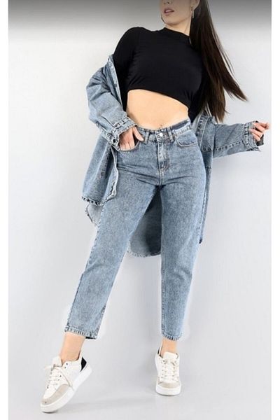 MAKRAS EXCLUSIVE Pantaloni Buggytrend Snow Wash cu talie înaltă din lycra Mom Jeans