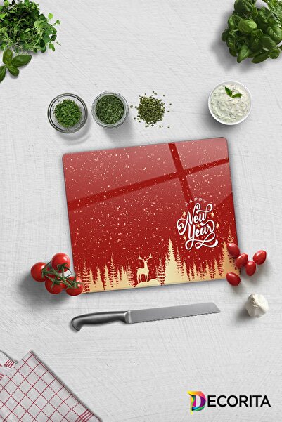 Decorita لوح تقطيع زجاجي باللون الأحمر من Happy New Year - 29 سم × 34 سم