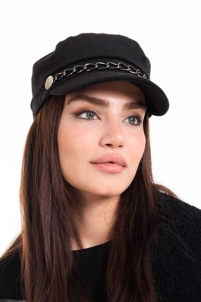 LadyColor Kışlık Şapka Zincir Aksesuarlı Kaşe Kumaş Kaptan Siyah1
