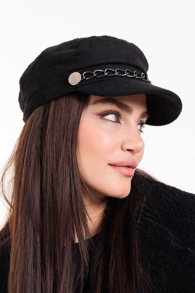 LadyColor Kışlık Şapka Zincir Aksesuarlı Kaşe Kumaş Kaptan Siyah1