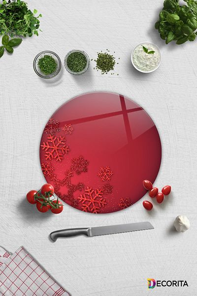 Decorita Glass Cutting Board - Glass Cutting Board |   Happy New Year Red |   Diameter32 cm