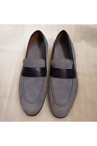 Roberto Ley Unisex Leather Suede Blue Navy Blue Banded Leather Stitched Sole Loafer