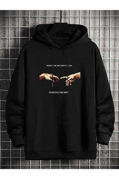 Mythologie Michelangelo Pursuing Dreams Printed Unisex Oversize Μαύρη κουκούλα καγκουρό φούτερ τσέπης