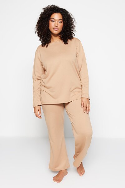 Trendyol Curve Plus Size Pajama Set - Beige - Plain