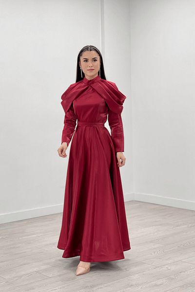 giyimmasalı Taffeta Satin Fabric Shoulder Detailed Evening Dress - Red