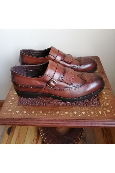 Butik Tülin Unisex Genuine Leather Burning Tan Antique Studded Buckle Tassel Non-Slip Rubber Sole Loafer