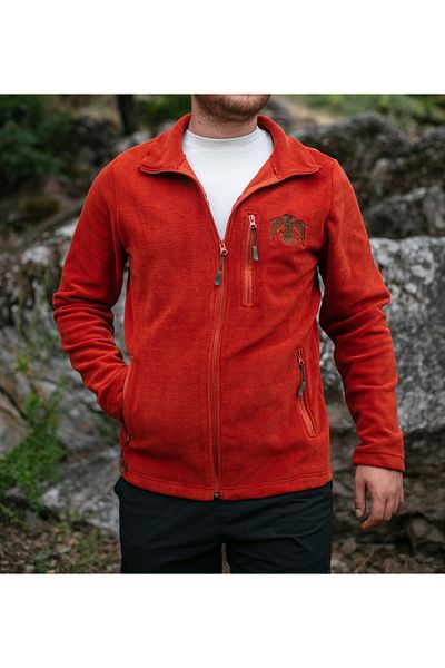 Huğlu Brick Colored Eagle Figured Zippered Cardigan - Three Pocket Fleece