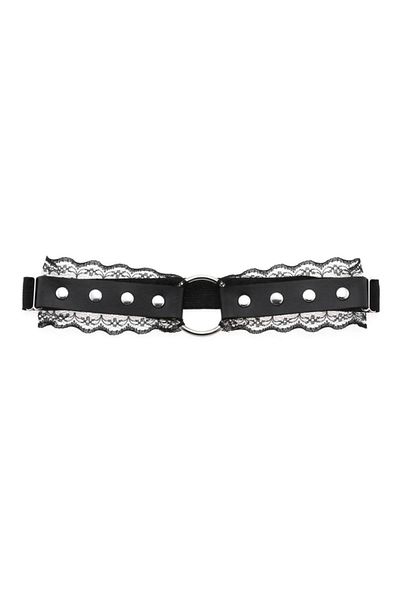 Köstebek Gothic Lace Detailed Black Leather Choker Necklace with Leash Ring