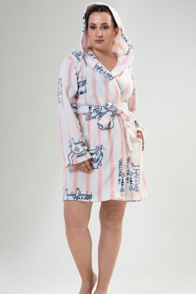 VİENETTA 203185-0221 Large Size Hooded Pink Fleece Dressing Gown