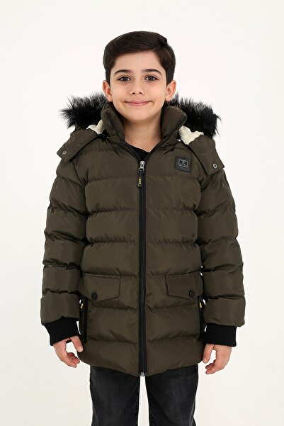 REGOS Erkek Haki Çıkartılabilir Kapüşonlu Içi Kürklü Su Ve Rüzgar Geçirmez Çoçuk Mont Ve Kaban