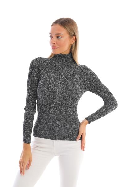 Pinpery Tricotaj cu nervuri afumate marmorate pentru femei Pulover pescar cu gât înalt Tricotaj 100% bumbac