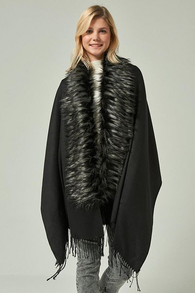 Axesoire 12110 Black-Grey Furry Tasseled Black Poncho