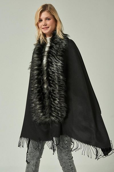 Axesoire 12110 Black-Grey Furry Tasseled Black Poncho