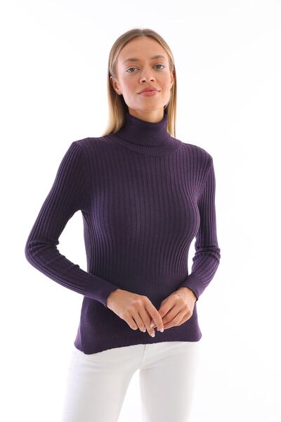 Pinpery Tricotaj cu nervuri violet pentru damă Pulover cu gât țesut 100% bumbac