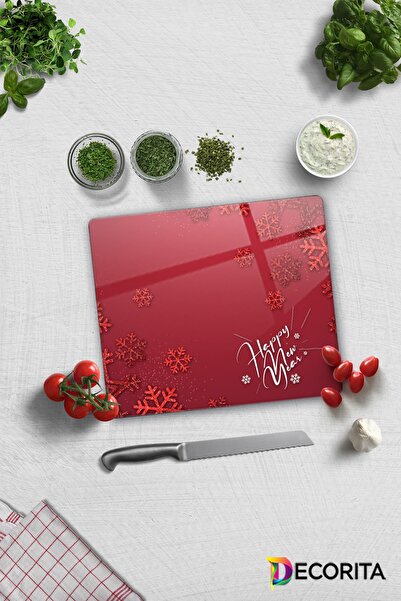 Decorita لوح تقطيع الزجاج - لوح تقطيع الزجاج |   سنة جديدة سعيدة باللون الأحم...