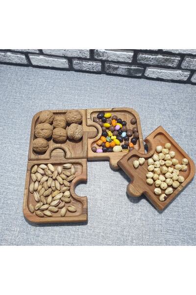 kozawoodart Ahşap Kayın 4'lü Puzzle Çerezlik-Kahvaltılık Ve Servis- Sunum Tabağı