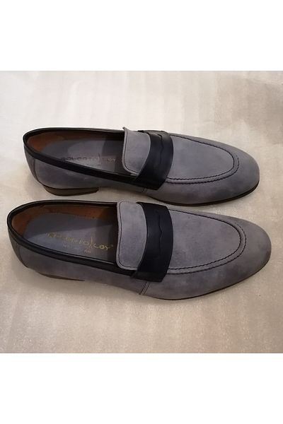 Roberto Ley Unisex Leather Suede Blue Navy Blue Banded Leather Stitched Sole Loafer