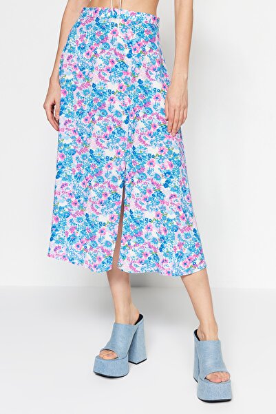 Trendyol Collection Indigo-Ecru hasított részletes virágmintás viszkóz szövet Midi szőtt szoknya TWOSS20ET0230