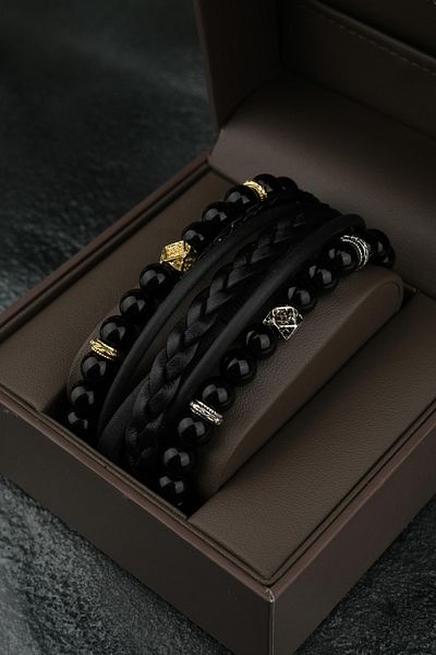 Jack Ferrero Men's Leather and Natural Stone Combination Bracelet Set 3 Pieces