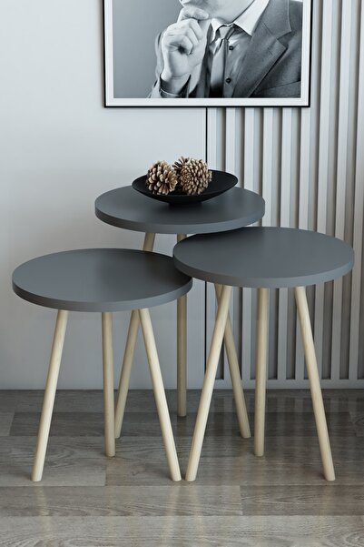 Modalanka 3'lü Zigon Sehpa Yuvarlak Model Zigon Sehpa Gürgen Ayak