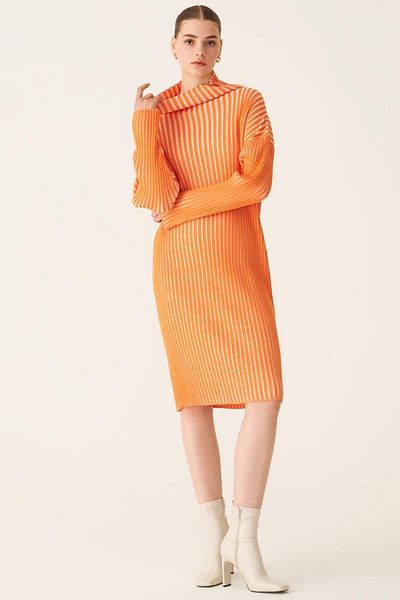 Perspective Illas Regular Fit Scoop Neck Below Knee Ecru Orange Color Knitwear Dress