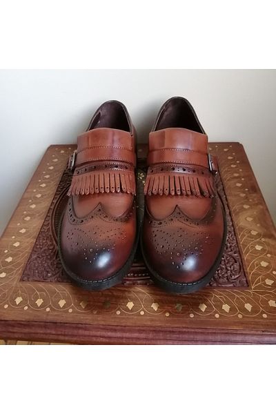 Butik Tülin Unisex Genuine Leather Burning Tan Antique Studded Buckle Tassel Non-Slip Rubber Sole Loafer