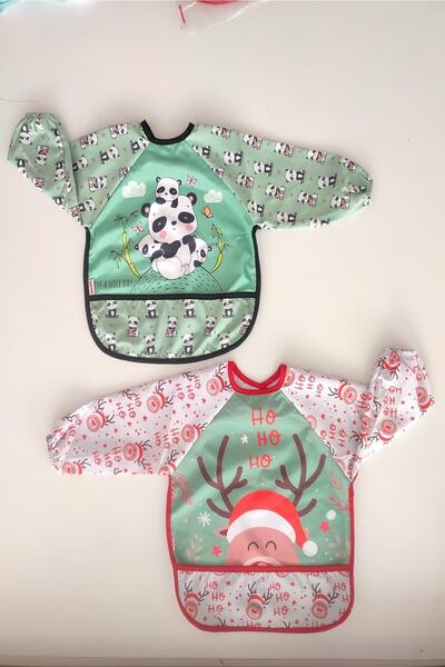 dubi baby Patterned 2-Piece Baby Food Bib with Liquid-Proof Pockets and Sleeves