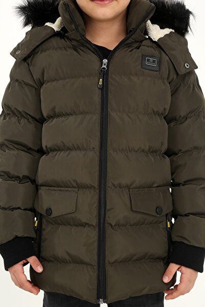 REGOS Erkek Haki Çıkartılabilir Kapüşonlu Içi Kürklü Su Ve Rüzgar Geçirmez Çoçuk Mont Ve Kaban