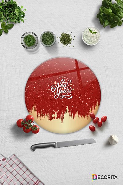 Decorita لوح تقطيع زجاجي باللون الأحمر من Happy New Year - قطر 32 سم