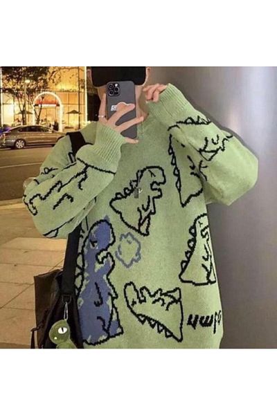 Köstebek Πουλόβερ Harajuku Green Dinosarus Size Xl Oversize