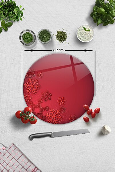 Decorita Cam Kesme Tahtası - Cam Kesme Tablası | Happy New Year Kırmızı | Çap32 Cm