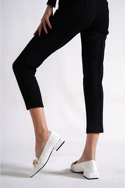 Moda Değirmeni White Crinkled Patent Leather Women's Buckle Casual Shoes Bg1045-111-0001
