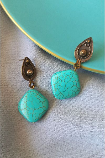 delay art Turquoise Stone Authentic Women Earrings Handmade Ethnic Bijoux Jewelry Ethnic Gemstone Earrings Jewelry 5cm