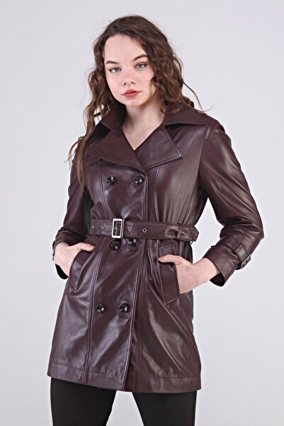 CE-YIL DERİ ÜRÜNLERİ Kadın Hakiki Deri Trençkot