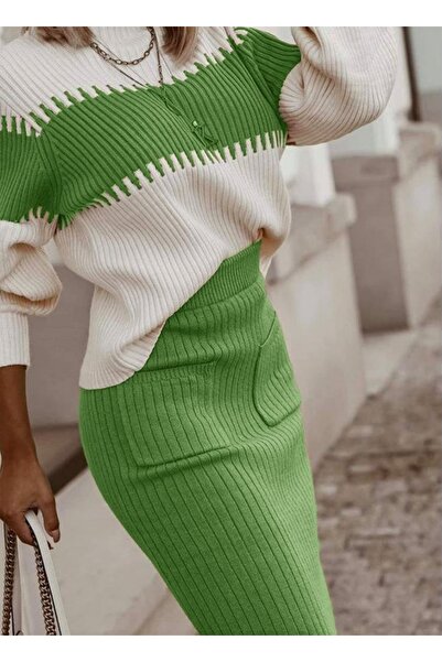 Esinty Set dublu de tricotaje de pulover de fustă cu buzunar verde pentru femei (VERDE)