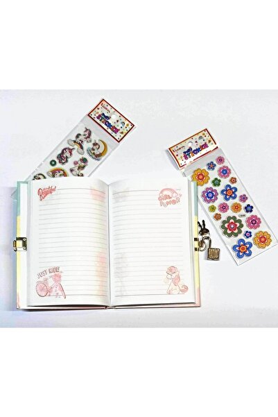TML Kilitli Günlük Hatıra Defteri + Çiçekli Ve Unicornlu Sticker