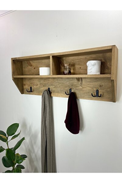 O&A WOOD Doğal Ahşap Vestiyer, Dekoratif 4 Askılı Portmanto, Raflı 2 Bölmeli ...