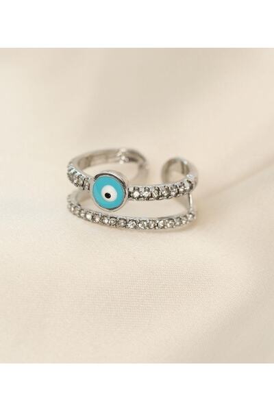 Atolye Ferda Silver Color Evil Eye Bead Detailed Zircon Stone Adjustable Ring