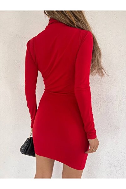 Mekafashion High Collar Skirt and Shoulder Pleat Dress 10026 Red