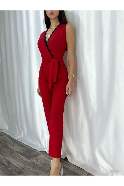 Secret Passion Lingerie Esnek Krep Kumaş Kendinden Kemerli Yakası Dantel Detaylı Cepli Abiye Tulum 681 582083