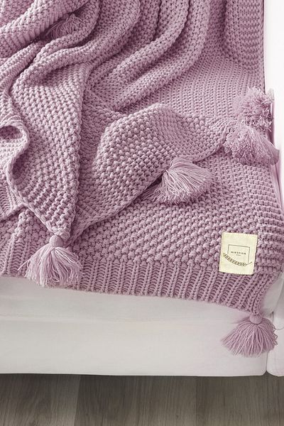Miespiga Coco Rice Knitted Knitwear TV Blanket Throw Lilac Knitted Sofa Shawl with Pompom