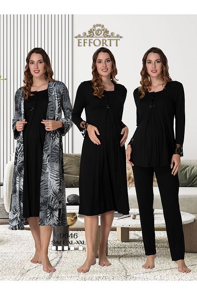 Effortt Maternity Sleepwear Set with Lace Detail Sleeves and Dressing Gowns, Maternity Set