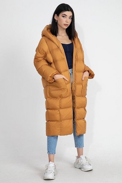 d dnz fashion Palton puf lung supradimensionat cu glugă de culoare muștar pentru femei